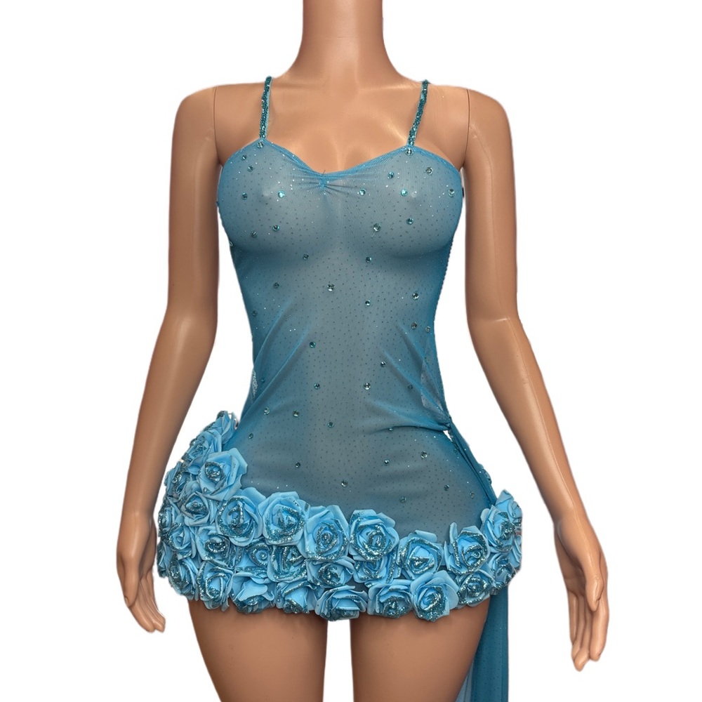 Blue Lace Chemise with Adjustable Straps Rhinestone Rose Removable  Tail Dress